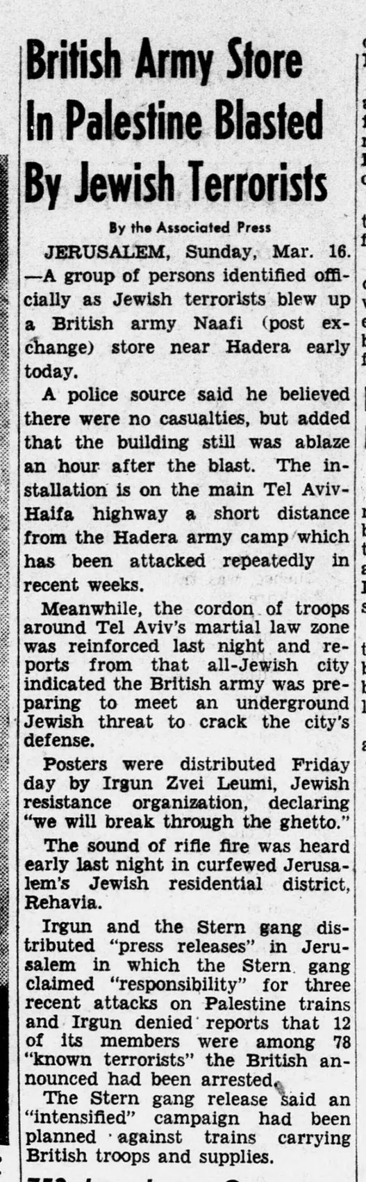 British Army Store In Palestine Blasted By Jewish Terrorists — Evening Star, 16 March 1947