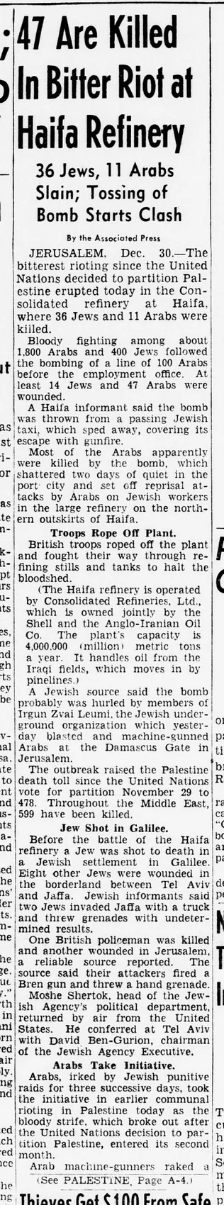 47 Are Killed In Bitter Riot at Haifa Refinery — Evening Star, 30 December 1947