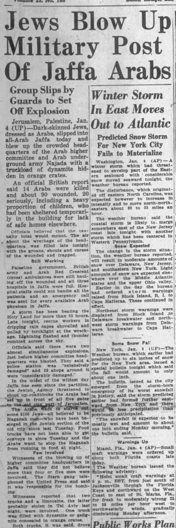 Jews Blow Up Military Post Of Jaffa Arabs — Morning Advocate, 5 January 1948