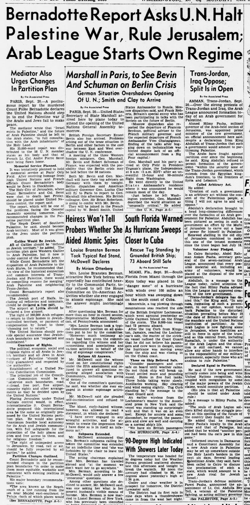 Bernadotte Report Asks U. N. Halt Palestine War, Rule Jerusalem; Arab League Starts Own Regime — Evening Star, 20 September 1948