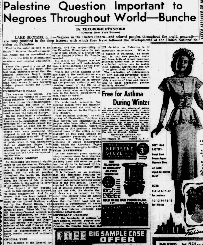 Palestine Question Important to Negroes Throughout World—Bunche — New Pittsburgh Courier, 21 February 1948