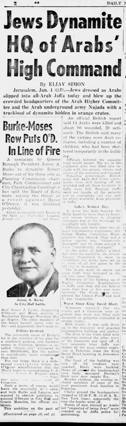 Jews Dynamite HQ of Arabs’ High Command — Daily News, 5 January 1948
