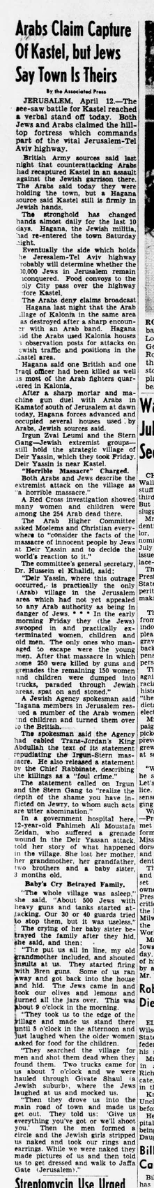 Arabs Claim Capture Of Kastel, but Jews Say Town Is Theirs — Evening Star, 12 April 1948
