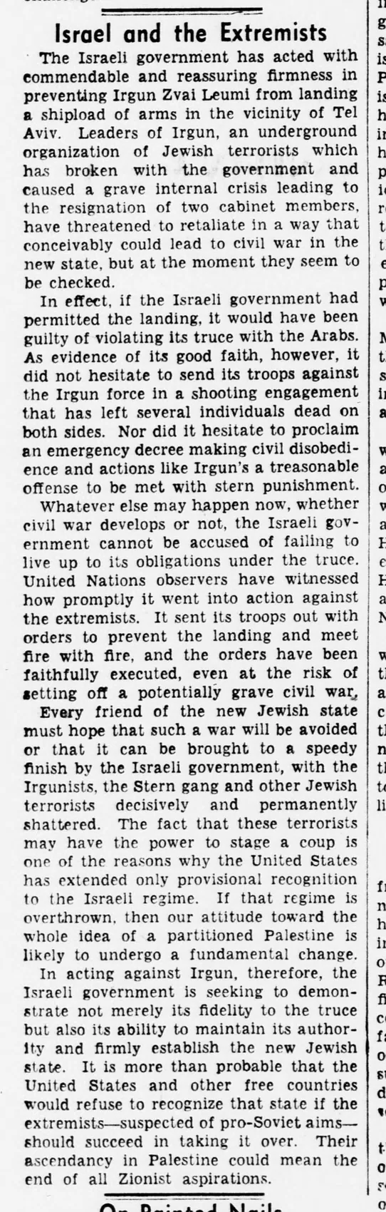 Israel and the Extremists — Evening Star, 25 June 1948