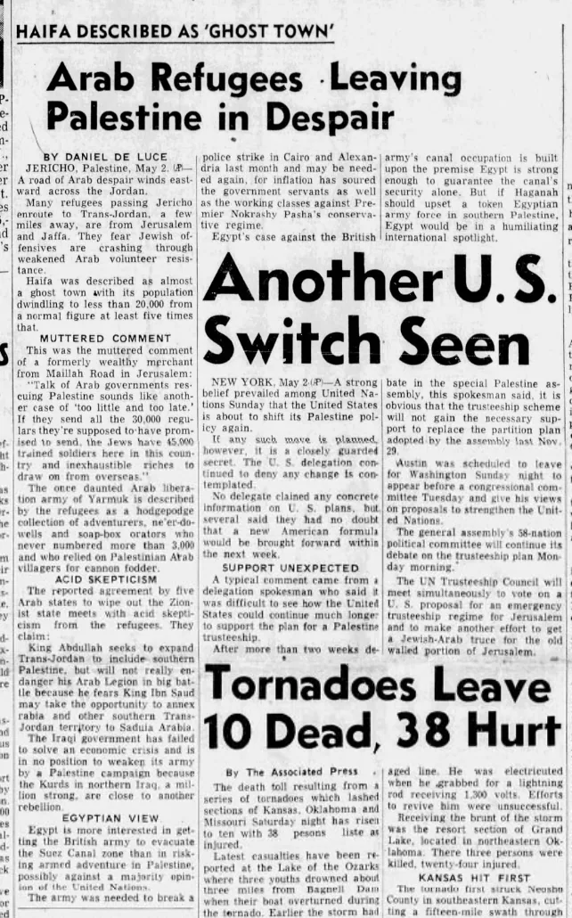 Arab Refugees Leaving Palestine in Despair — The Abilene Reporter-News, 3 May 1948