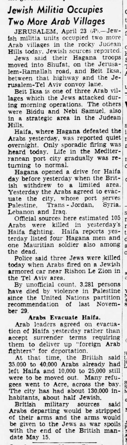 Jewish Militia Occupies Two More Arab Villages — Evening Star, 23 April 1948