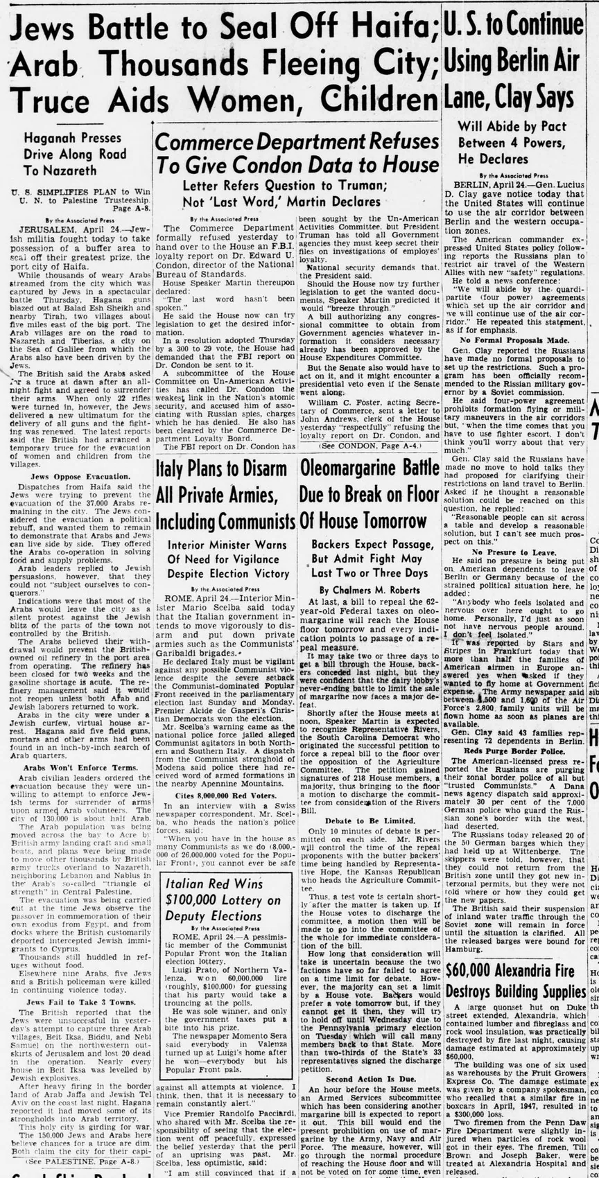 Jews Battle to Seal Off Haifa; Arab Thousands Fleeing City; Truce Aids Women, Children — Evening Star, 25 April 1948