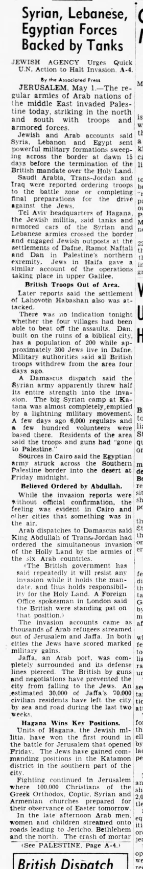 Syrian, Lebanese, Egyptian Forces Backed by Tanks — Evening Star, 2 May 1948