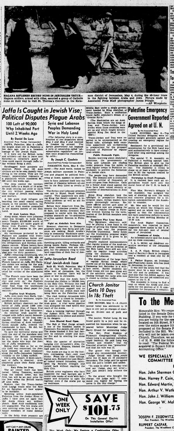 Jaffa Is Caught in Jewish Vise; Political Disputes Plague Arabs — Evening Star, 9 May 1948