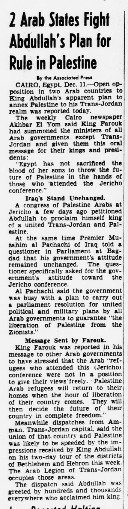 2 Arab States Fight Abdullah’s Plan for Rule in Palestine — Evening Star, 12 December 1948