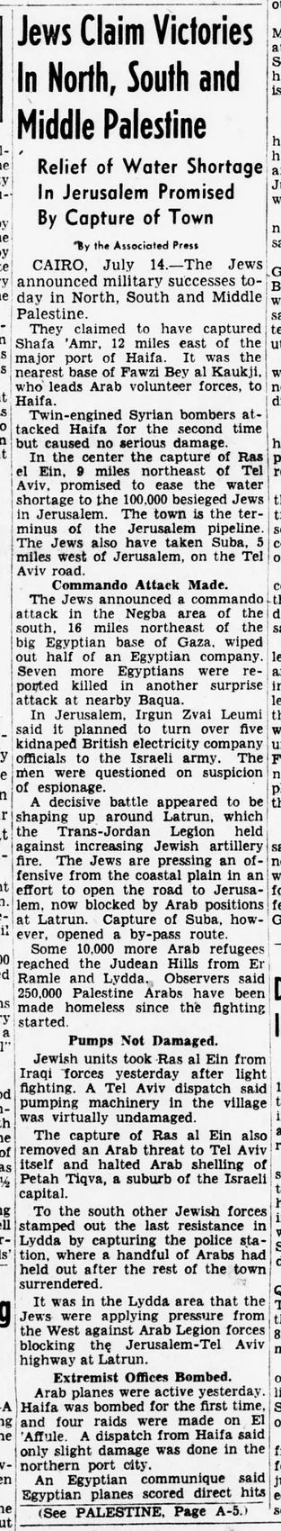 Jews Claim Victories In North, South and Middle Palestine — Evening Star, 14 July 1948