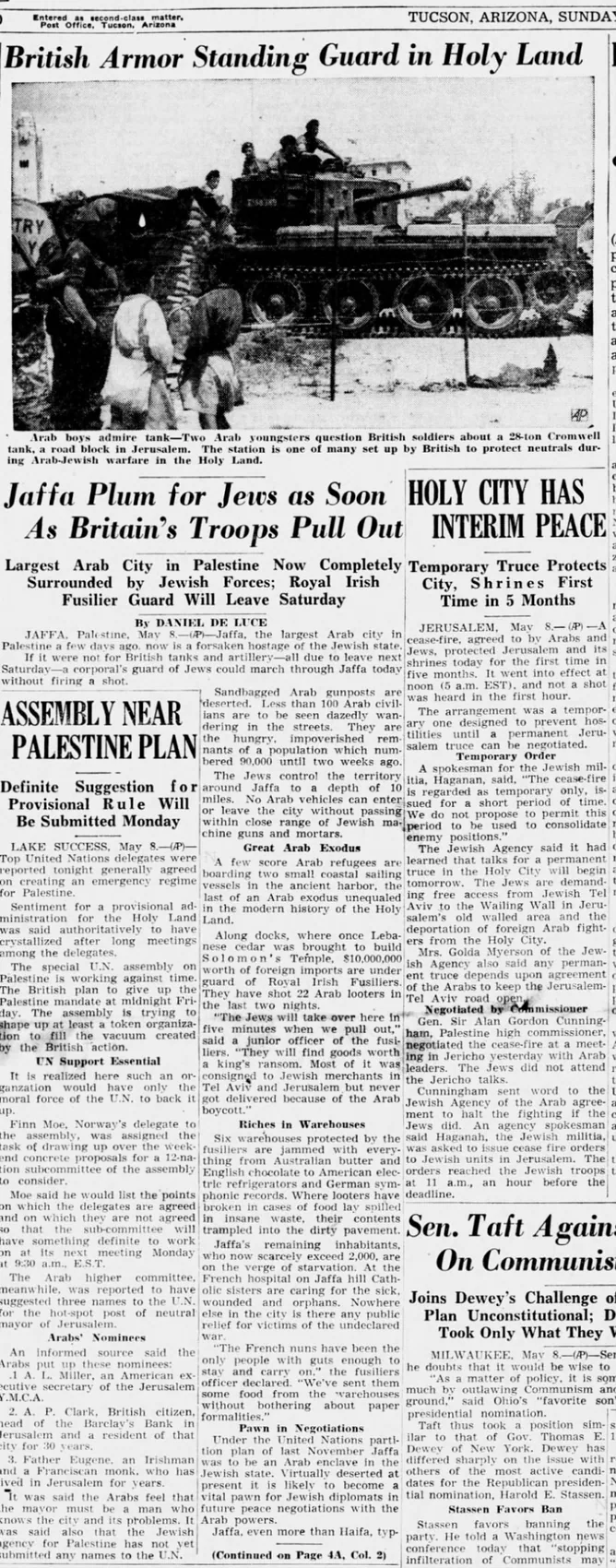 Jaffa Plum for Jews as Soon As Britain’s Troops Pull Out — Arizona Daily Star, 9 May 1948