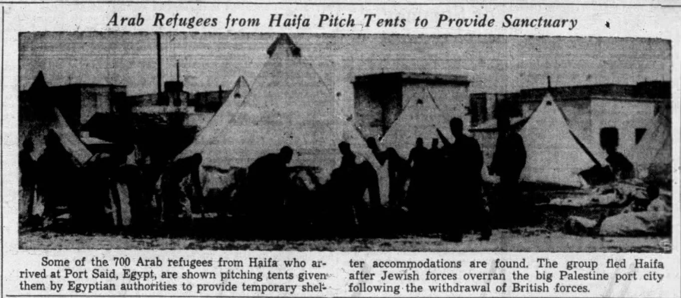 Arab Refugees from Haifa Pitch Tents to Provide Sanctuary — The Standard, 7 May 1948