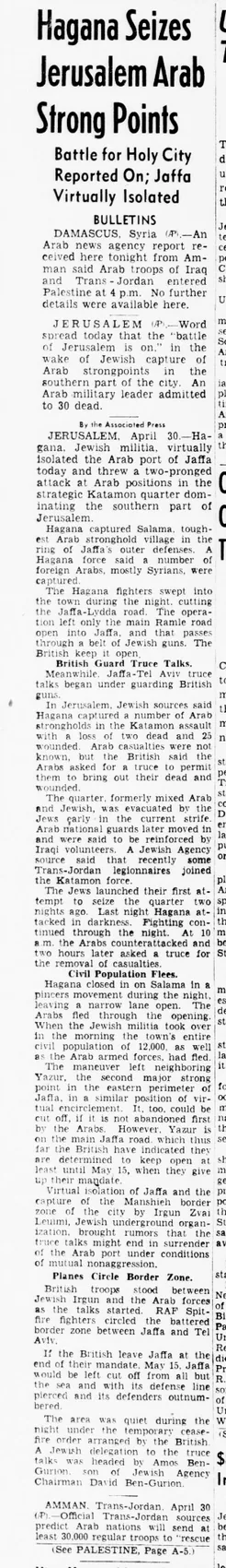 Hagana Seizes Jerusalem Arab Strong Points — Evening Star, 30 April 1948
