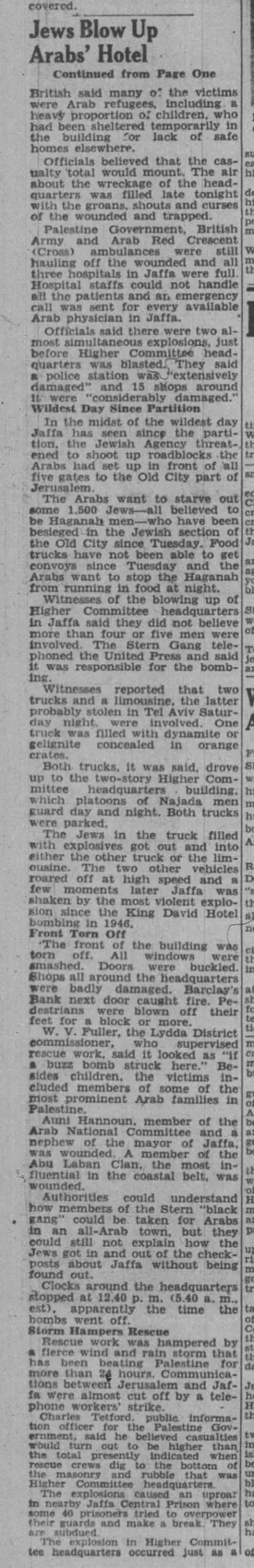 Jews Blow Up Arabs’ Hotel — Portland Press Herald, 5 January 1948