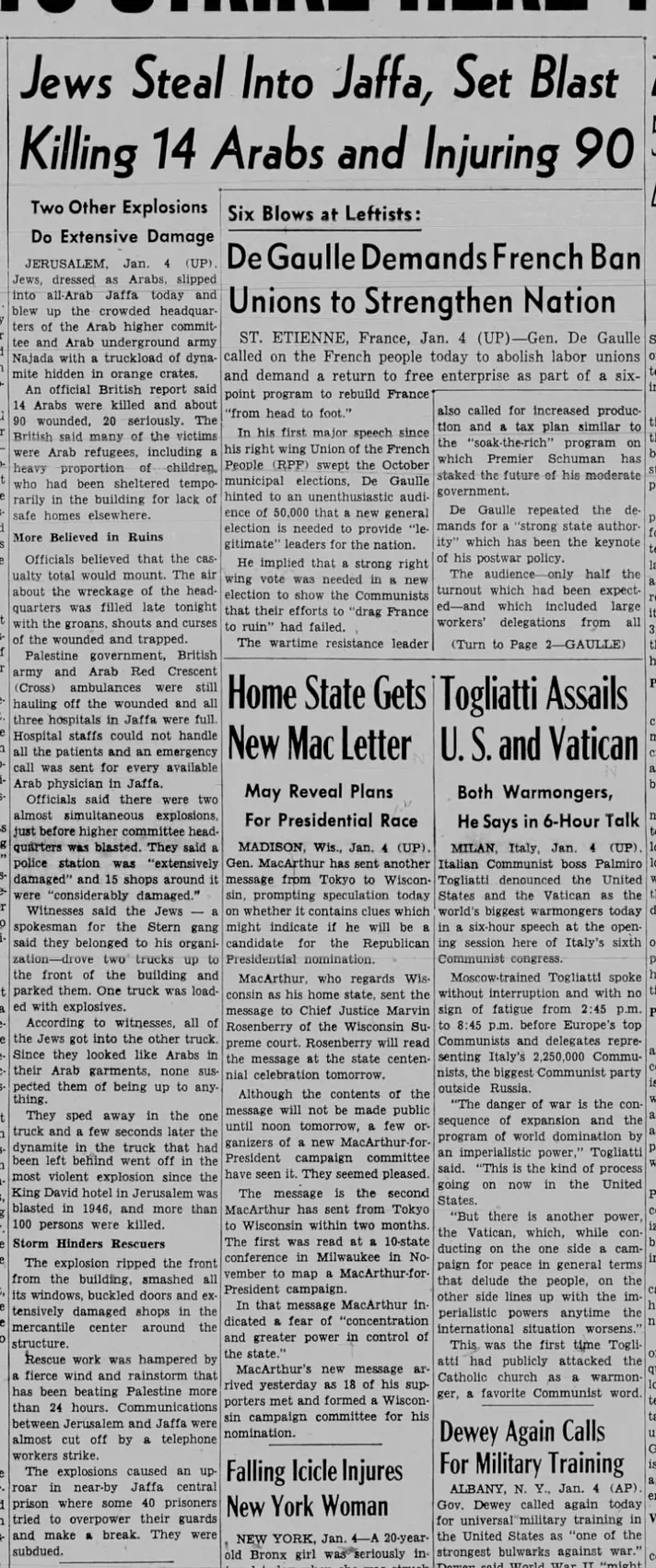 Jews Steal Into Jaffa, Set Blast Killing 14 Arabs and Injuring 90 — Times Herald, 5 January 1948
