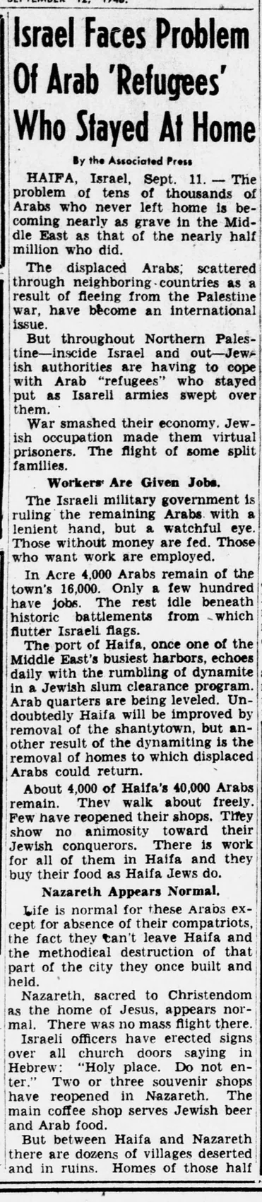 Israel Faces Problem Of Arab ‘Refugees’ Who Stayed At Home — Evening Star, 12 September 1948