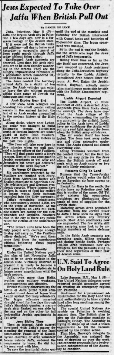 Jews Expected To Take Over Jaffa When British Pull Out — The Baltimore Sun, 9 May 1948