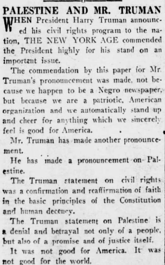 Palestine and Mr. Truman — The New York Age, 3 April 1948