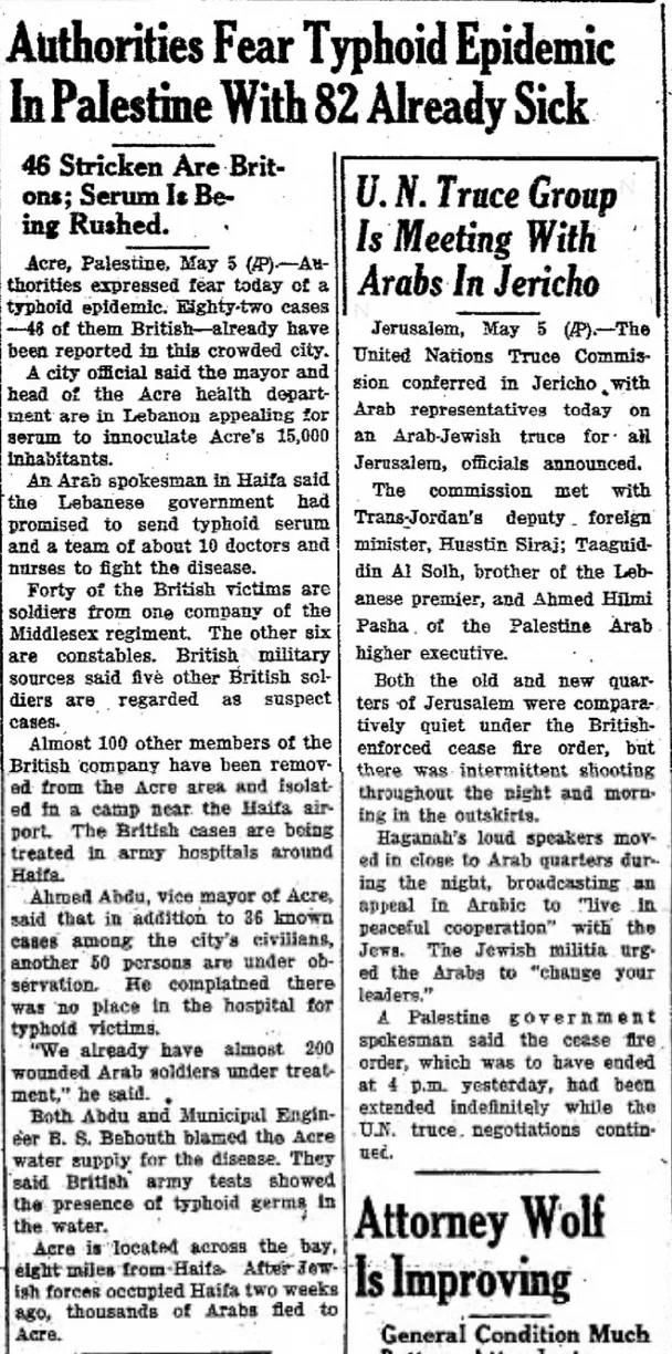 Authorities Fear Typhoid Epidemic In Palestine With 82 Already Sick — The Daily Mail, 5 May 1948