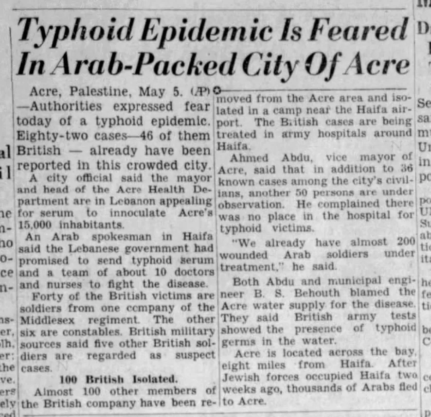 Typhoid Epidemic Is Feared In Arab-Packed City Of Acre — Stamford Advocate, 5 May 1948