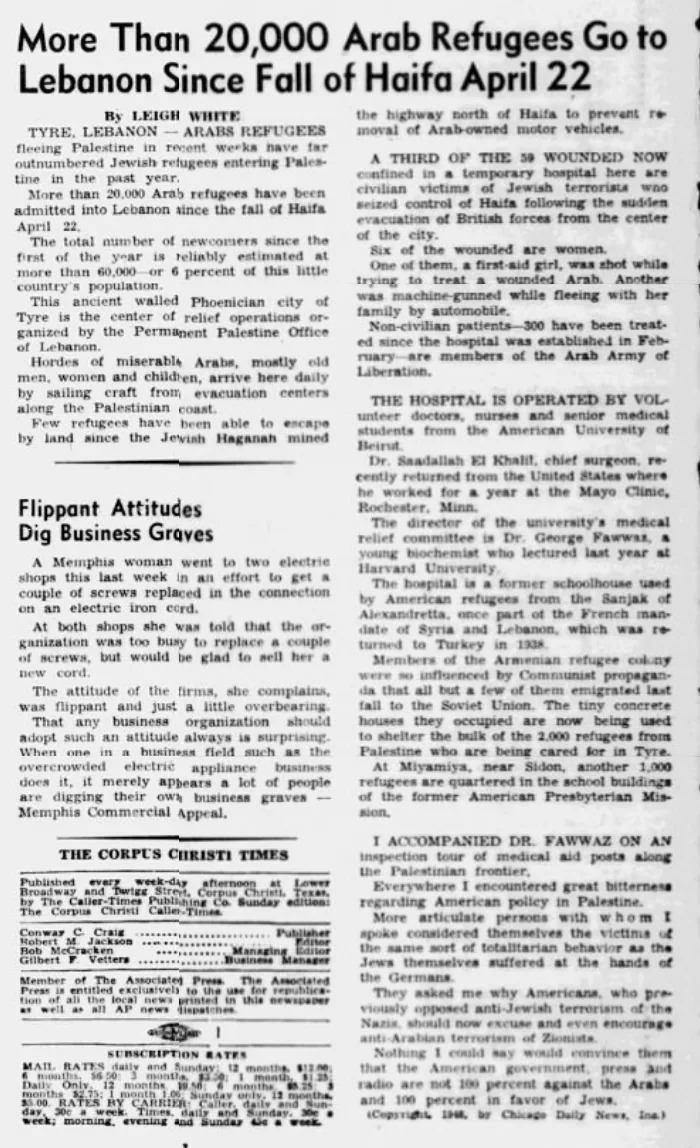 More Than 20,000 Arab Refugees Go to Lebanon Since Fall of Haifa April 22 — Corpus Christi Times, 5 May 1948