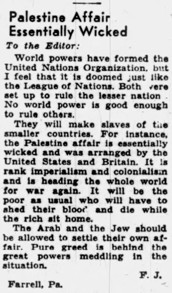 Palestine Affair Essentially Wicked — New Pittsburgh Courier, 7 February 1948