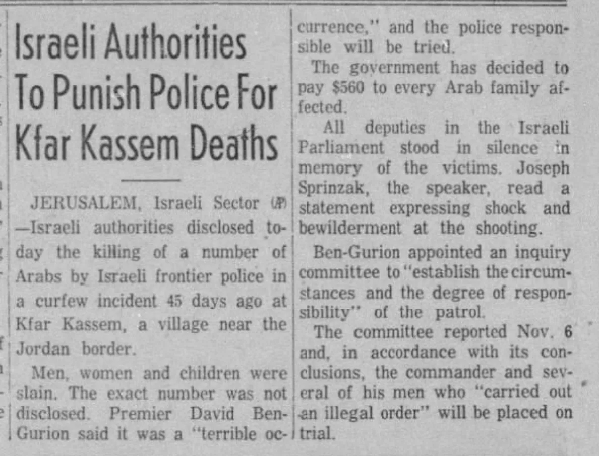 Israeli Authorities To Punish Police For Kfar Kassem Deaths — Barre Daily Times, 13 December 1956