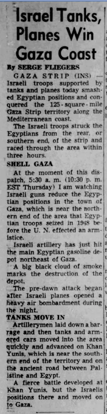 Israel Tanks, Planes Win Gaza Coast — The Jersey Journal, 2 November 1956
