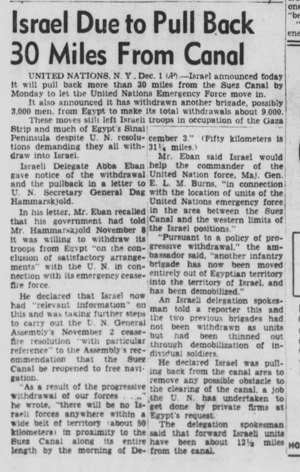 Israel Due to Pull Back 30 Miles From Canal — Evening Star, 2 December 1956