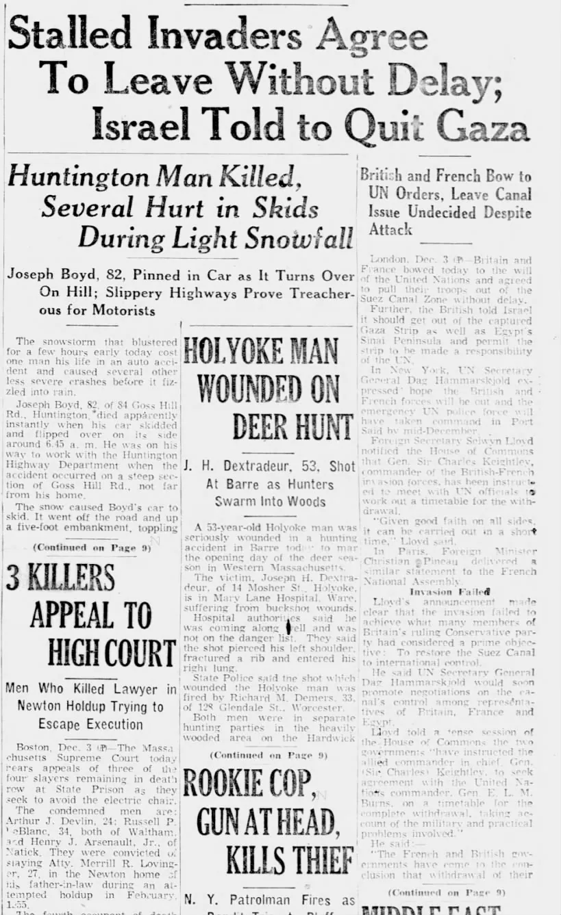 Stalled Invaders Agree To Leave Without Delay; Israel Told to Quit Gaza — The Republican, 3 December 1956