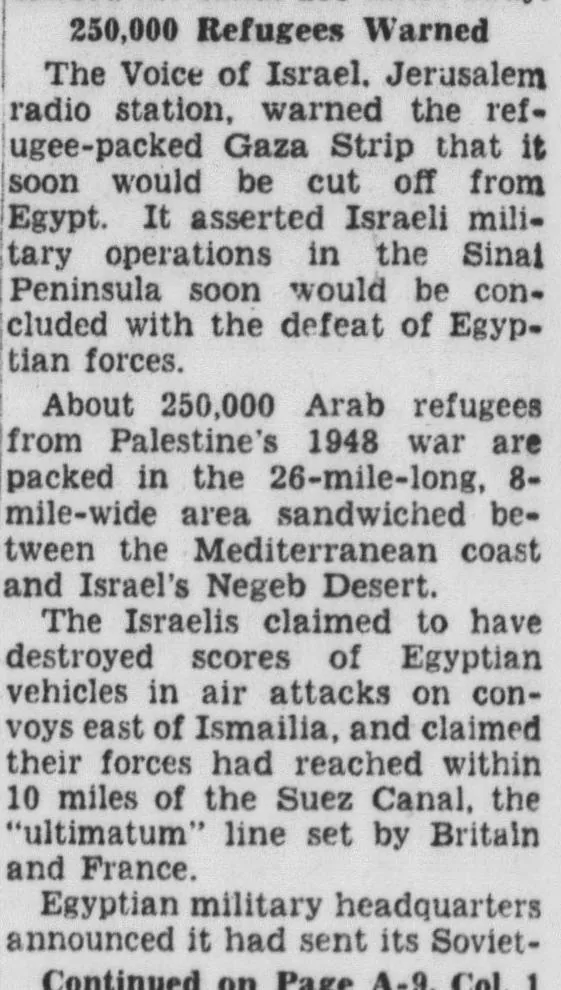250,000 Refugees Warned — Evening Star, 31 October 1956