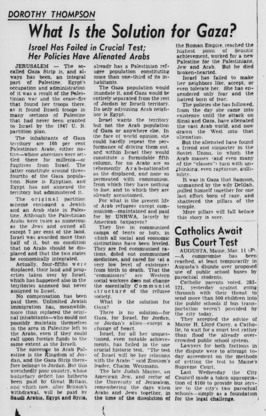 What Is the Solution for Gaza? — Evening Star, 11 March 1957