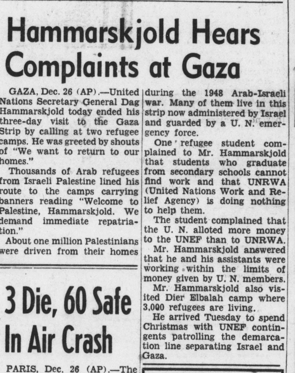 Hammarskjold Hears Complaints at Gaza — Evening Star, 26 December 1958