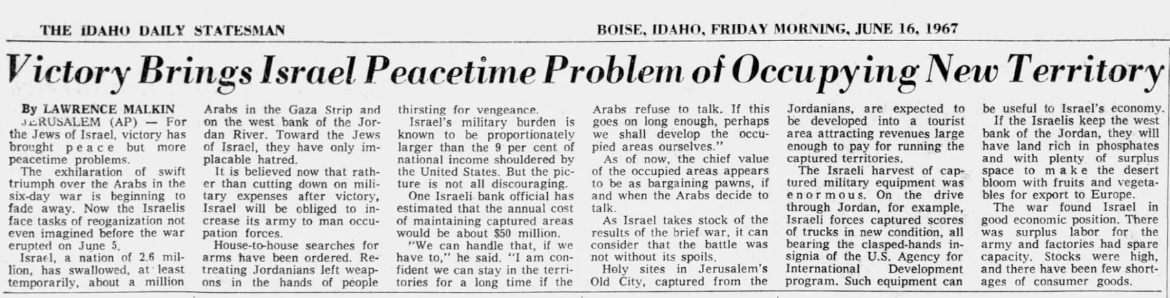 Victory Brings Israel Peacetime Problem of Occupying New Territory — The Idaho Daily Statesman, 16 June 1967