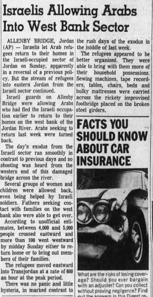 Israelis Allowing Arabs Into West Bank Sector — St. Joseph Gazette, 26 June 1967