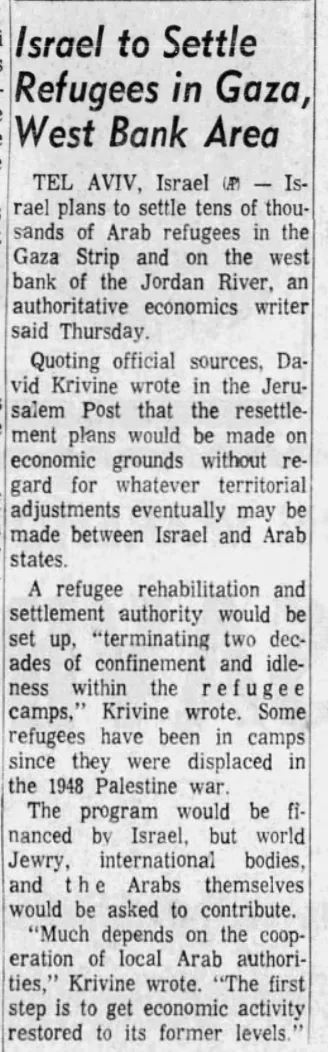 Israel to Settle Refugees in Gaza, West Bank Area — Wisconsin State Journal, 23 June 1967