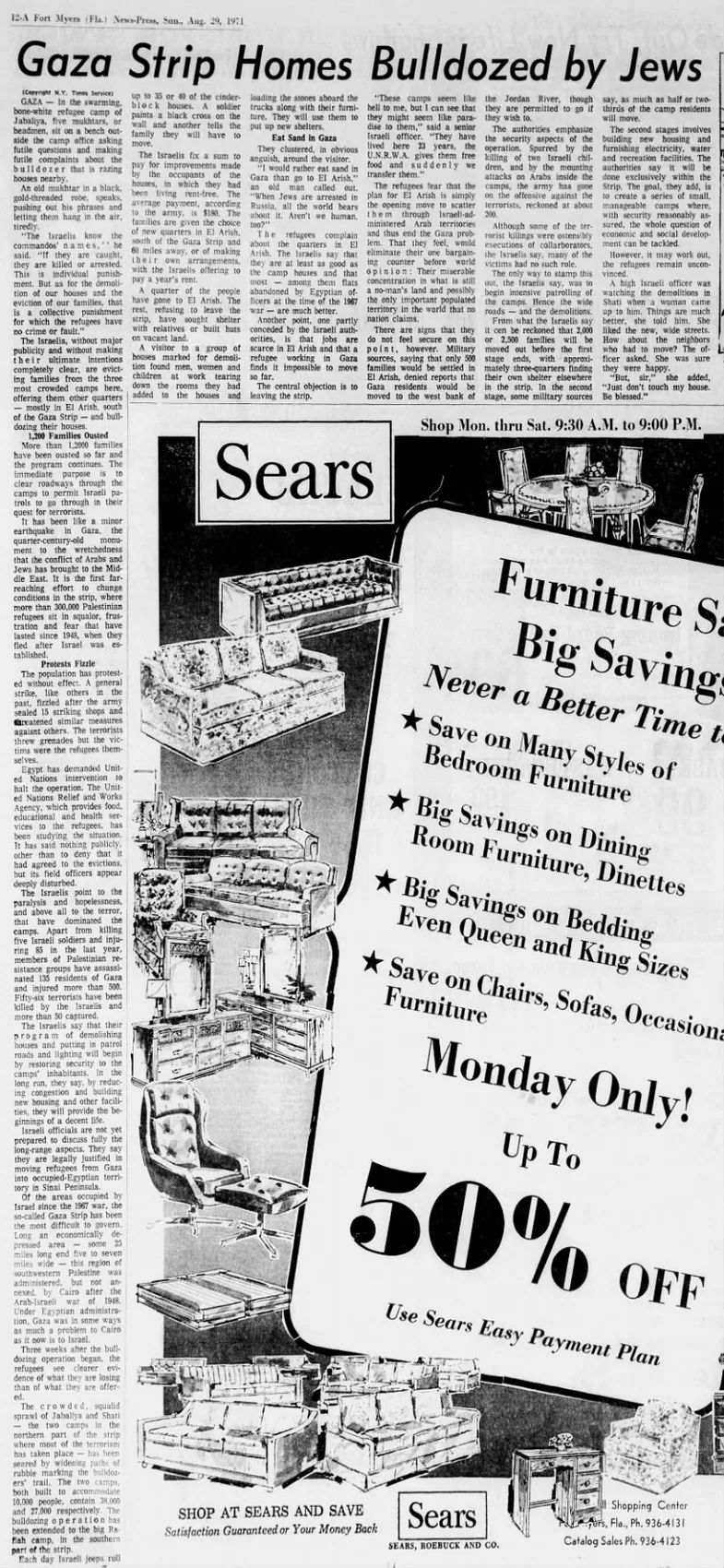 Gaza Strip Homes Bulldozed by Jews — Fort Myers News-Press, 29 August 1971