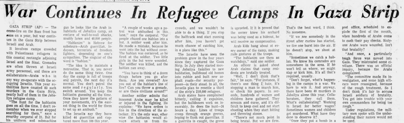 War Continues In Refugee Camps In Gaza Strip — The State, 30 September 1971