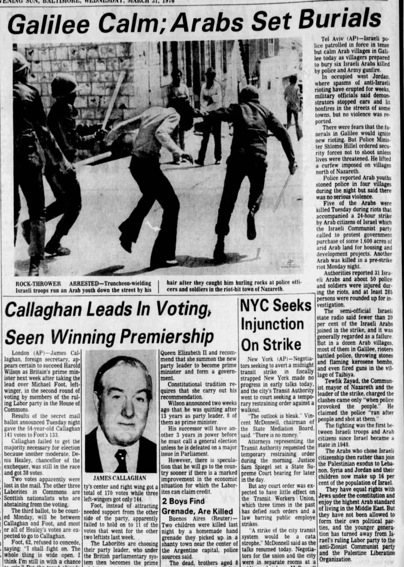 Galilee Calm; Arabs Set Burials — The Evening Sun, 31 March 1976