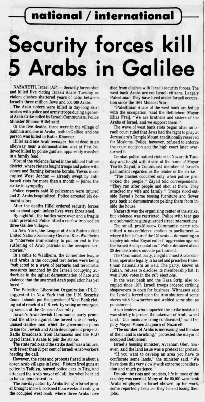 Security forces kill 5 Arabs in Galilee — Messenger Inquirer, 31 March 1976