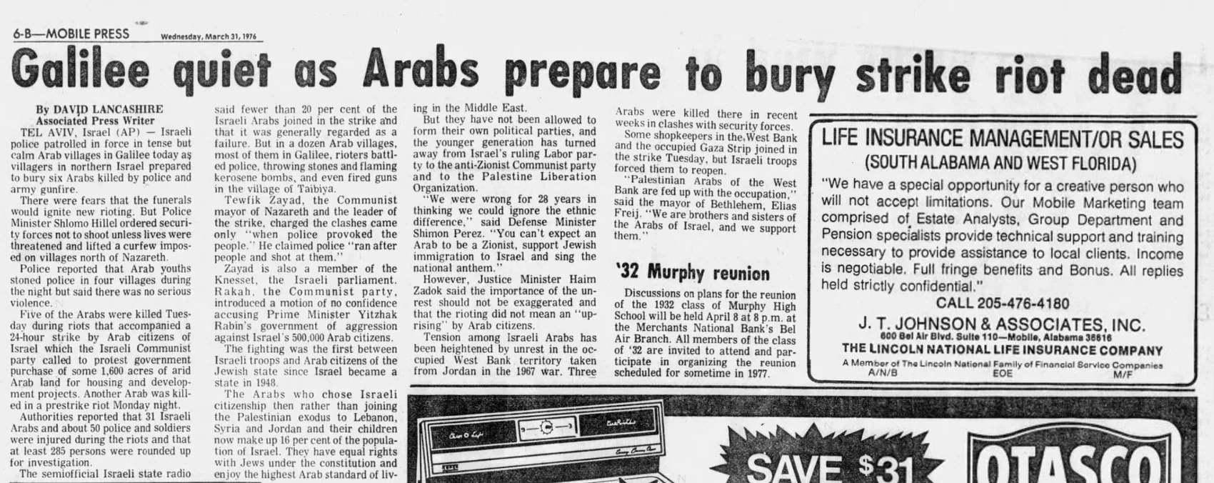 Galilee quiet as Arabs prepare to bury strike riot dead — Mobile Press, 31 March 1976