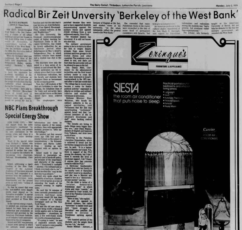 Radical Bir Zeit Unversity ‘Berkeley of the West Bank’ — The Daily Comet, 2 July 1979