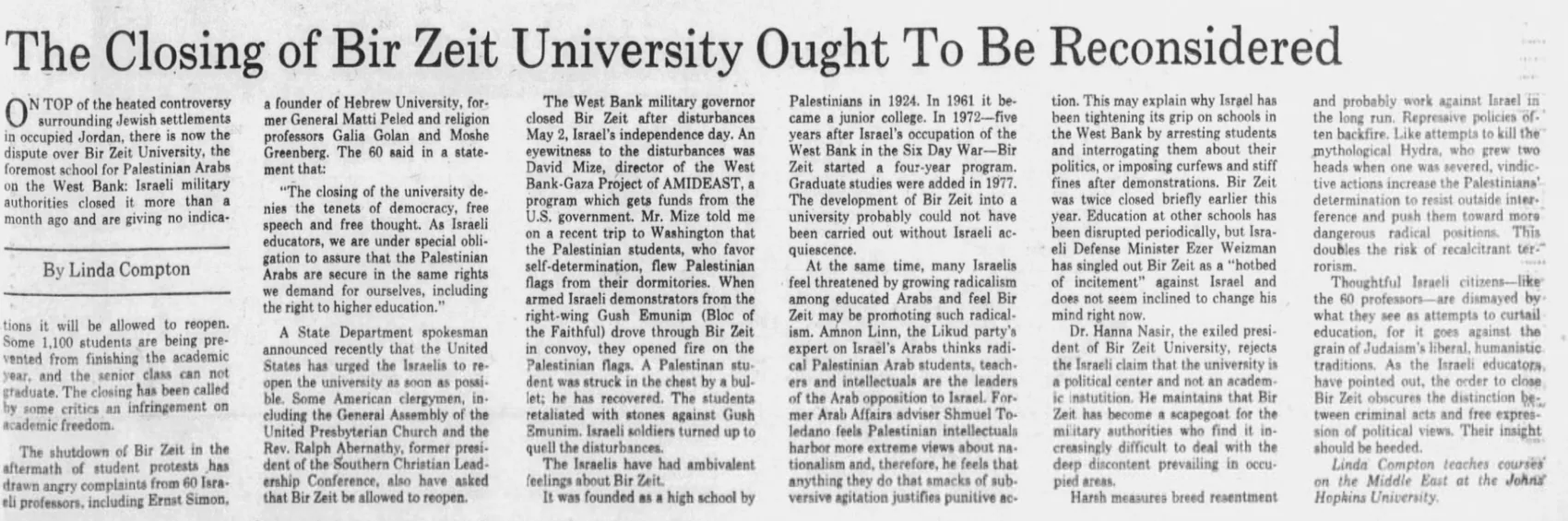 The Closing of Bir Zeit University Ought To Be Reconsidered — The Baltimore Sun, 15 June 1979