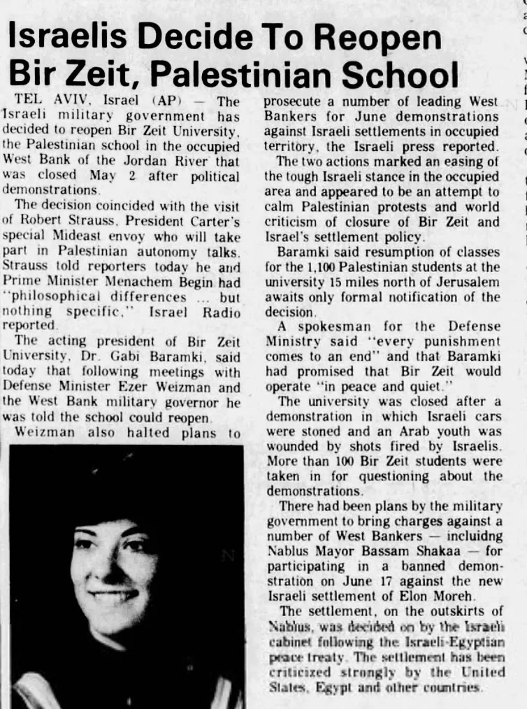 Israelis Decide To Reopen Bir Zeit, Palestinian School — Centre Daily Times, 2 July 1979