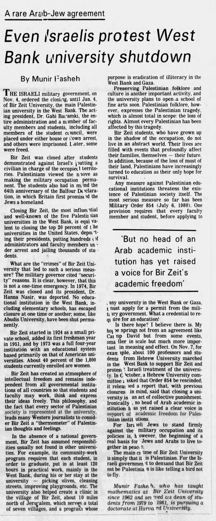 Even Israelis protest West Bank university shutdown — The Evening Sun, 11 January 1982