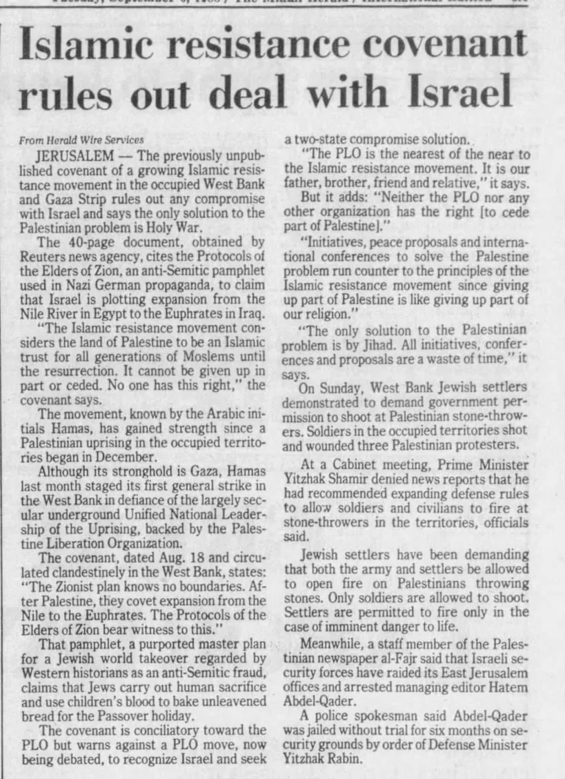 Islamic resistance covenant rules out deal with Israel — The Miami Herald, 6 September 1988