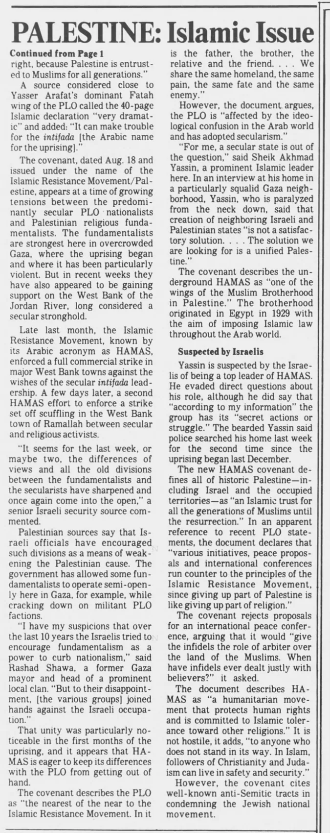 Palestine: Islamic Issue — Los Angeles Times, 5 September 1988