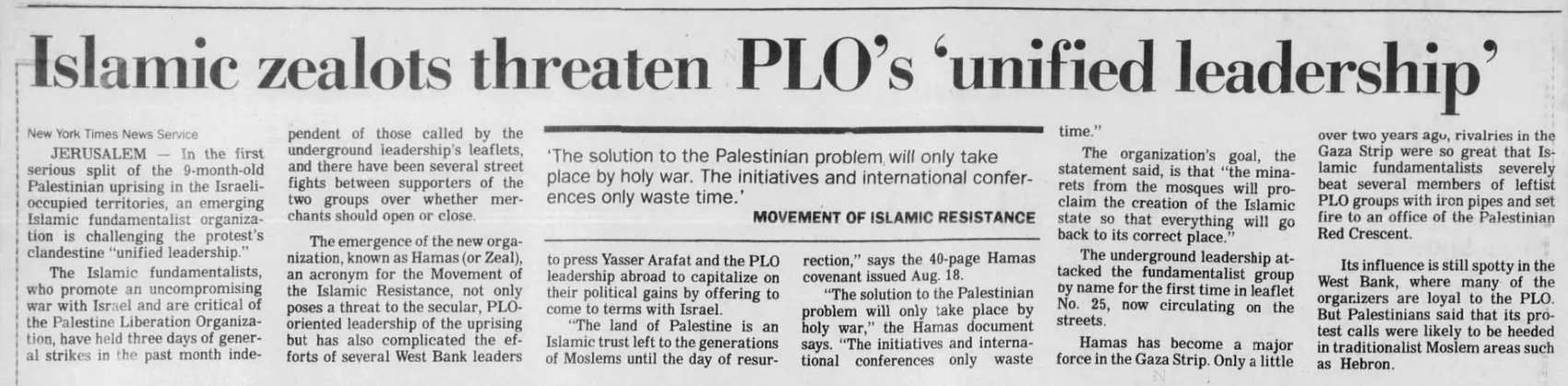 Islamic zealots threaten PLO’s ‘unified leadership’ — The Palm Beach Post, 18 September 1988
