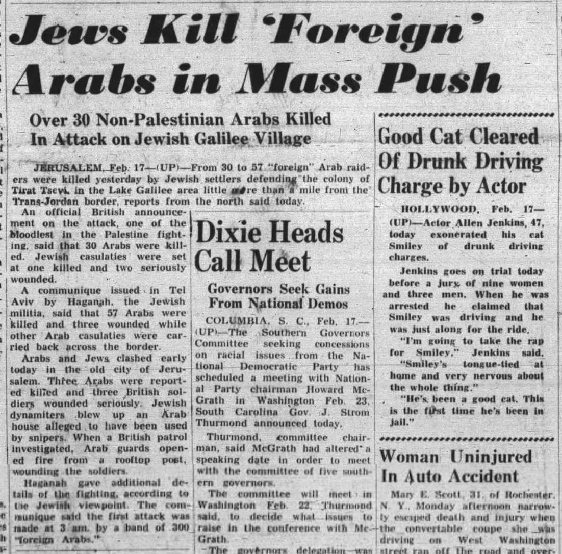 Jews Kill ‘Foreign’ Arabs in Mass Push — The Times, 18 February 1948
